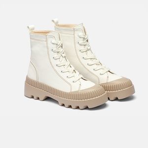 Adika White and Tan Lace-Up Ankle Boots